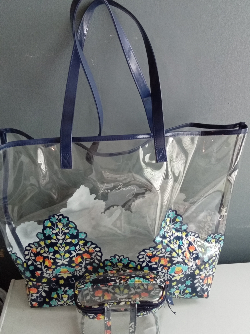 Vera Bradley Clear Floral Medallion Tote Bag and Pouch Set Stadium Approved Navy - Picture 5 of 8
